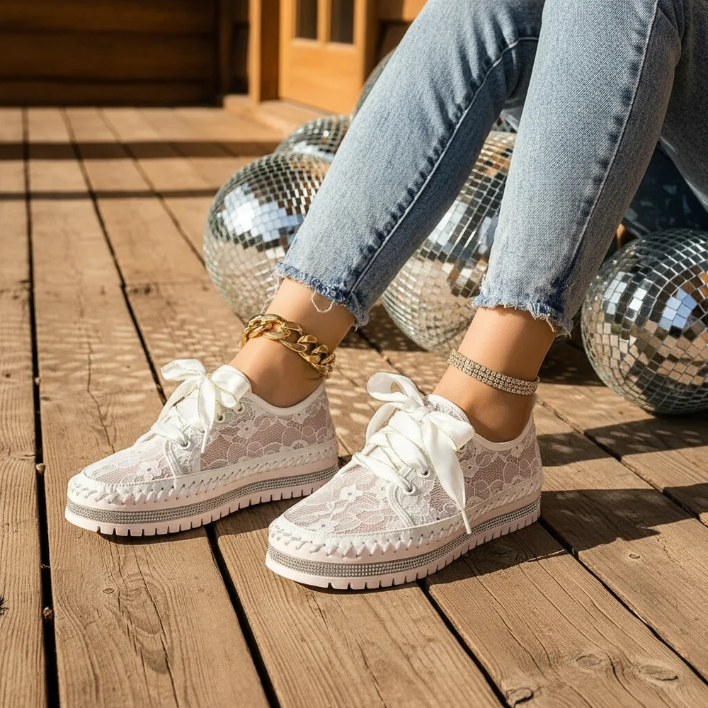 Lace Mesh Rhinestone Platform Sneakers Satin Ribbon Laces Retro Y2K Bling Shoes